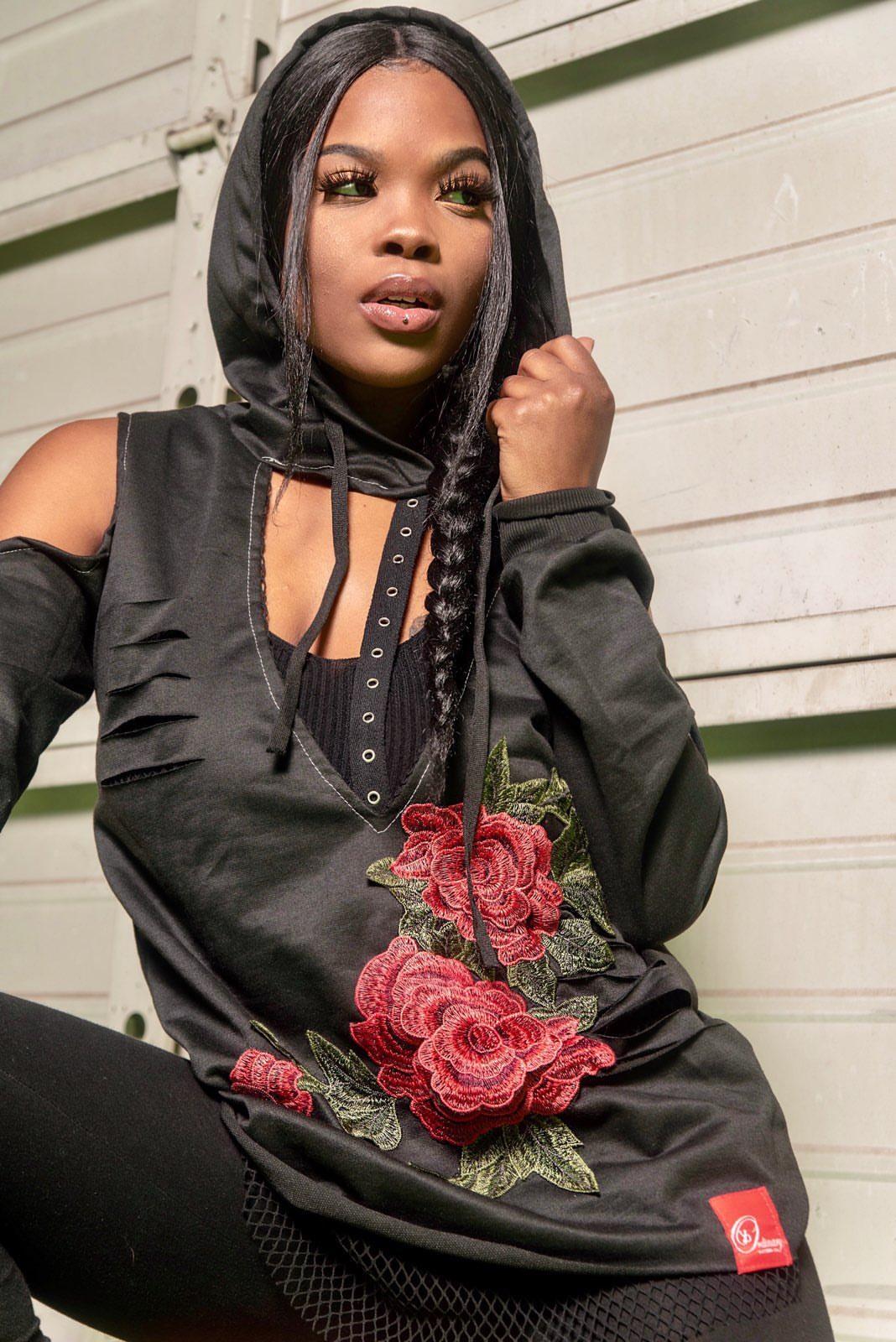 ybOrdinary - Deep V Neck Floral Embroidery Hooded Sweatshirt