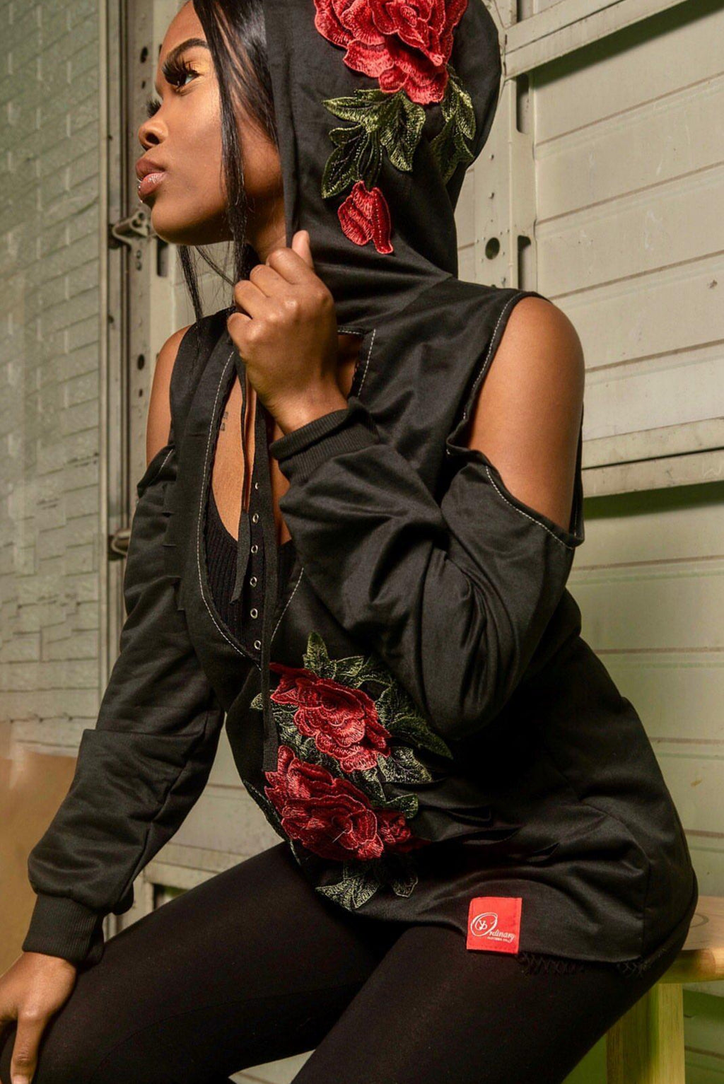 ybOrdinary - Deep V Neck Floral Embroidery Hooded Sweatshirt